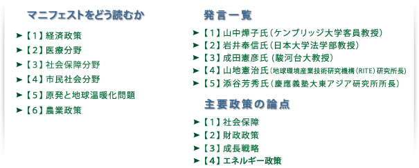 「マニフェストをどう読むか」「発言一覧」「主要政策の論点」